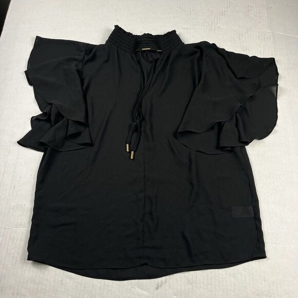 T Tahari Smocked Blouse Black Tie V-Neck Shirt Flared Short Sleeve Top MEDIUM - Picture 1 of 11